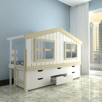 Кровать домик Palafitos-G2-1-LCh-Ком2  для детей и подростков из массива сосны, с выкатным, подкроватным комодом