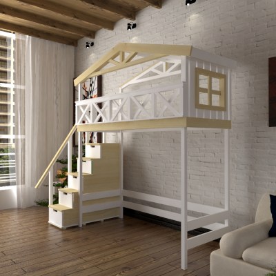 Кровать чердак двухъярусная в виде домика Chalet-CH-G1STr-LKP4 из массива сосны 