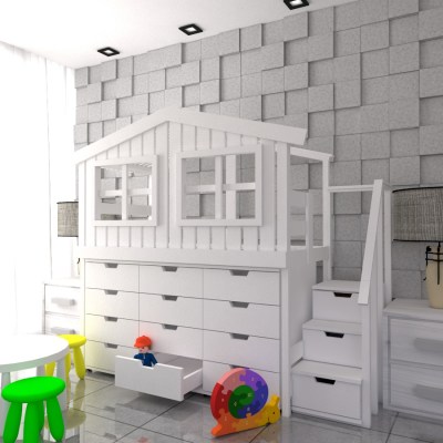 Кровать домик Palafitos-1-G2-LKP3-Ком4 для детей и подростков из массива сосны, с выкатным, подкроватным комодом